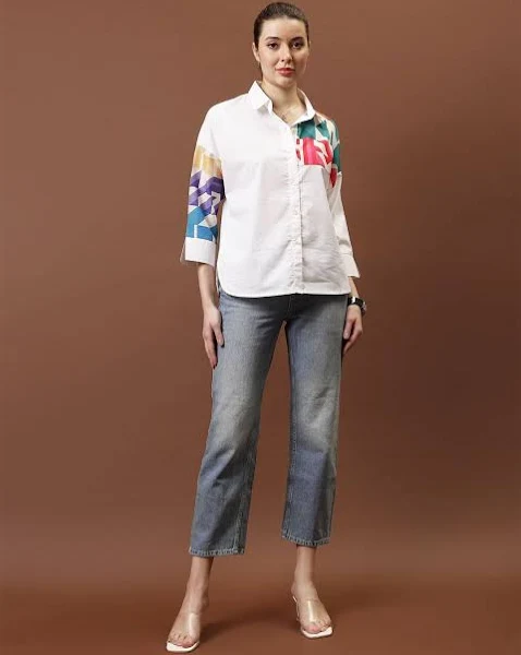 Myntra Athena Immutable Print Applique Cotton Shirt Style Top